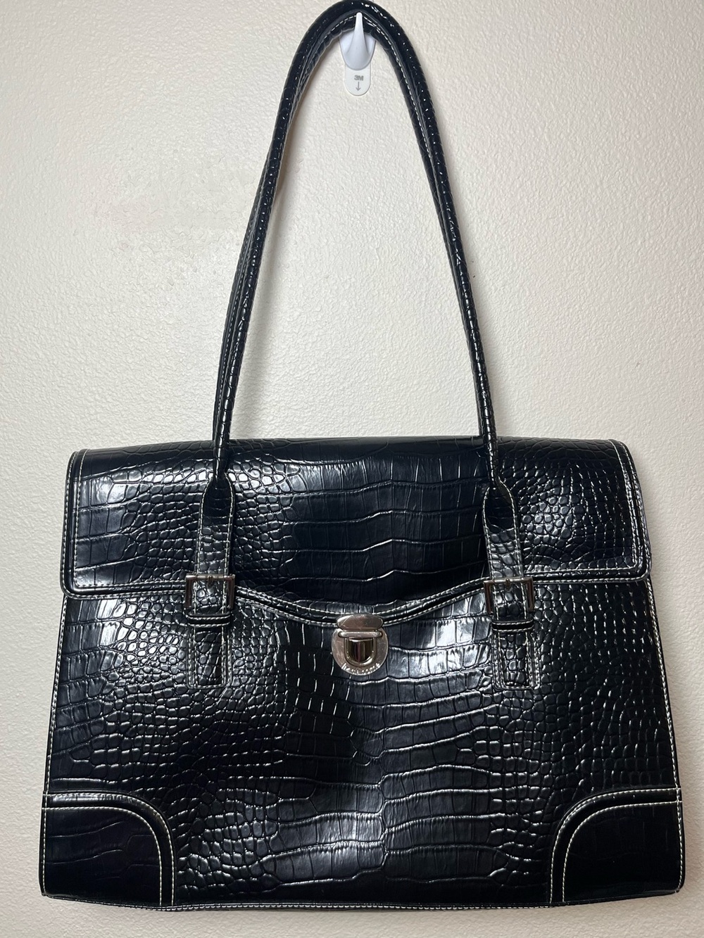Black Croc-Embossed Shoulder Tote